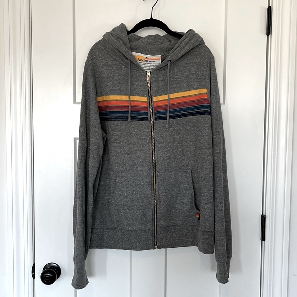 Aviator Nation Men’s 5 Stripe Hoodie Heather Grey Size XL